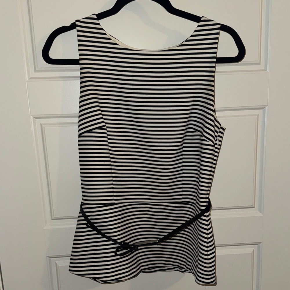 White House Black Market Striped/Belted Black and White Women's Top